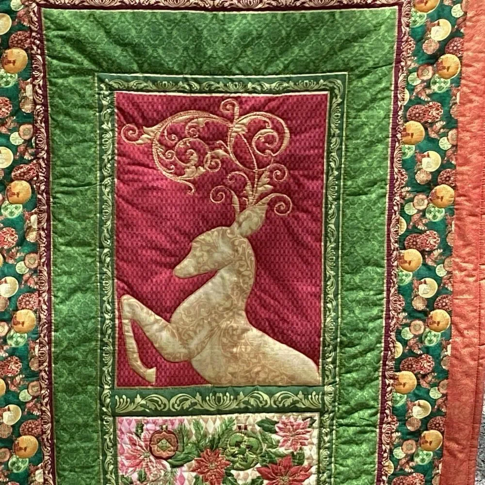 NWT. Hand Crafted Golden Reindeer Lap Quilt/Wall Hanging